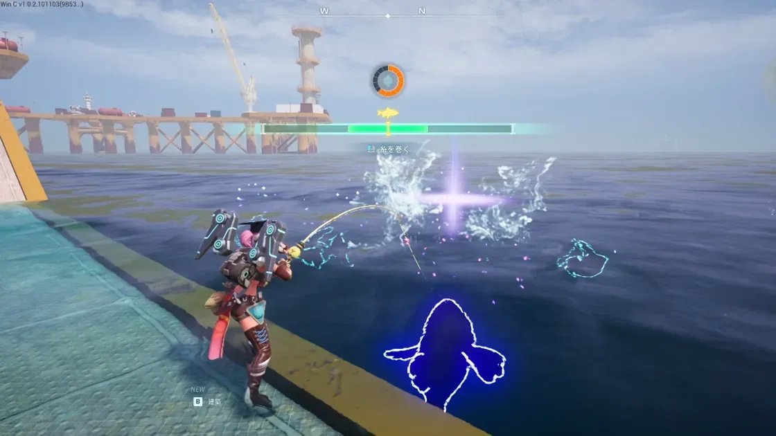 釣りのミニゲーム画面。バーと魚影、捕獲ゲージが表示されている