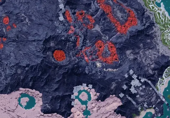 黒曜火山の火山の洞窟。青①〜④＝FTに近いおすすめ入口（①乾いた砂丘／②黒曜焦土の観測塔／③黒曜火山 中腹／④古代文明跡地 の各FT付近）。オレンジ点＝その他の入口。水色＝FT